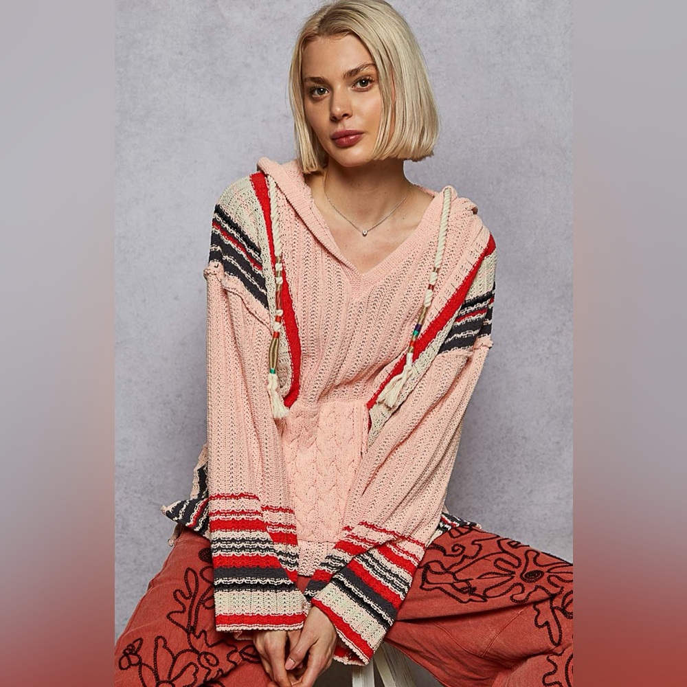 POL Soft Chenille Hoodie Sweater Striped Pocket Cropped Relaxed